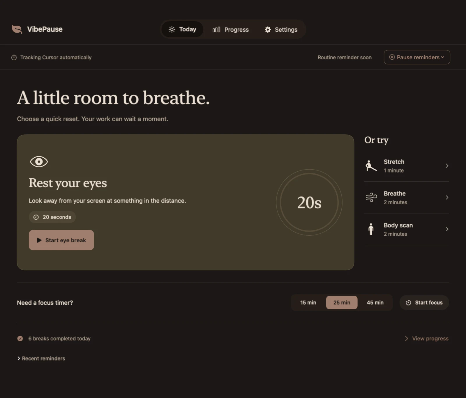 VibePause Today page in the Soft Night dark theme.