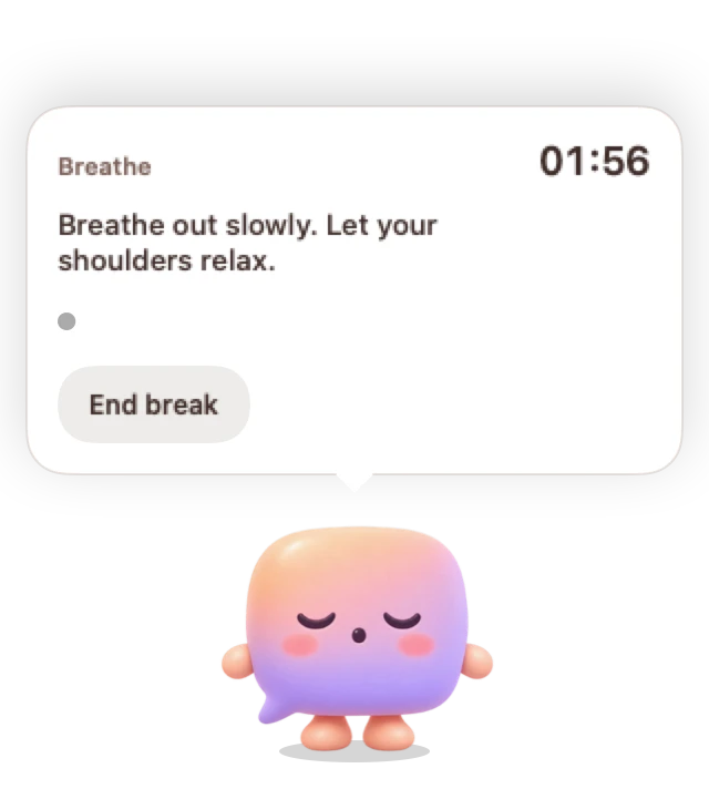Pip breathing through a guided break, with the countdown in its bubble.