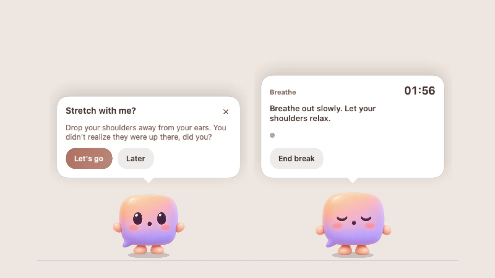 Pip, a small peach and lavender character, twice: on the left with a speech bubble asking Stretch with me?, with Let's go and Later buttons; on the right with its eyes closed and a breathing guide counting down from 1:56.
