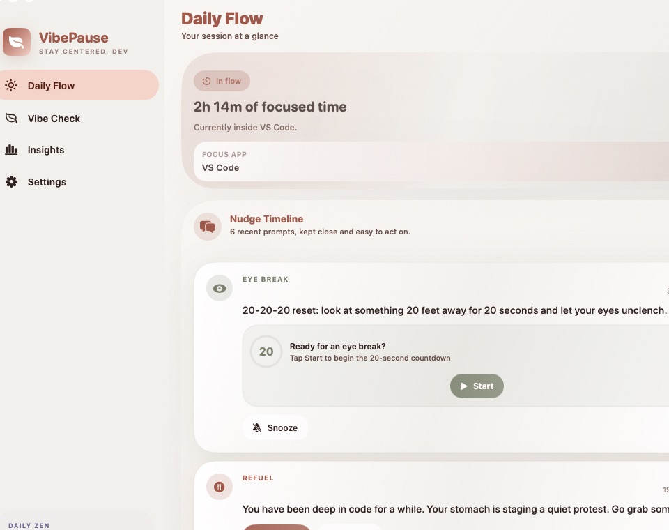 VibePause daily flow view showing session and break history
